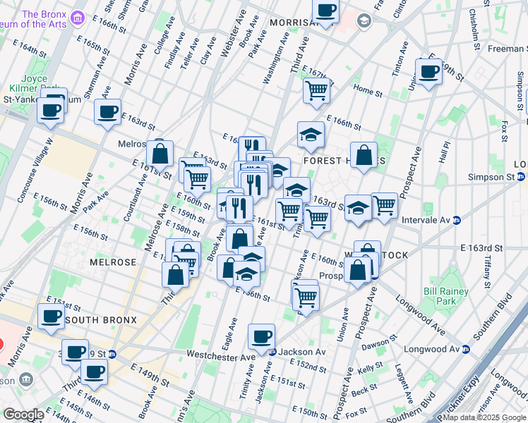 map of restaurants, bars, coffee shops, grocery stores, and more near 903 Eagle Avenue in The Bronx