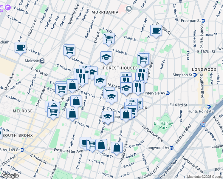 map of restaurants, bars, coffee shops, grocery stores, and more near 730 East 163rd Street in The Bronx