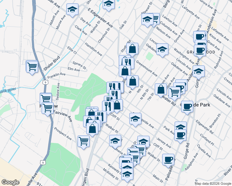 map of restaurants, bars, coffee shops, grocery stores, and more near 371 Bergen Boulevard in Fairview