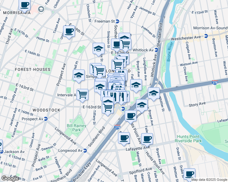 map of restaurants, bars, coffee shops, grocery stores, and more near 982 Southern Boulevard in Bronx