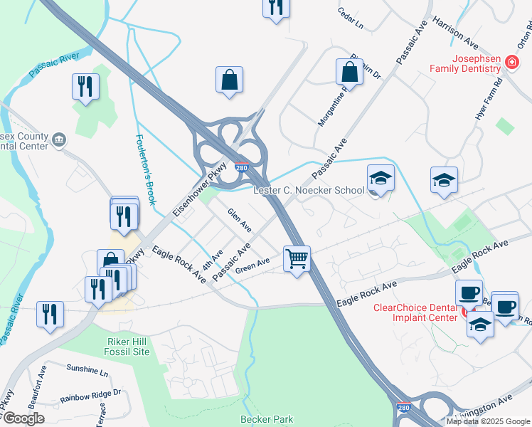 map of restaurants, bars, coffee shops, grocery stores, and more near 51 Passaic Avenue in Roseland