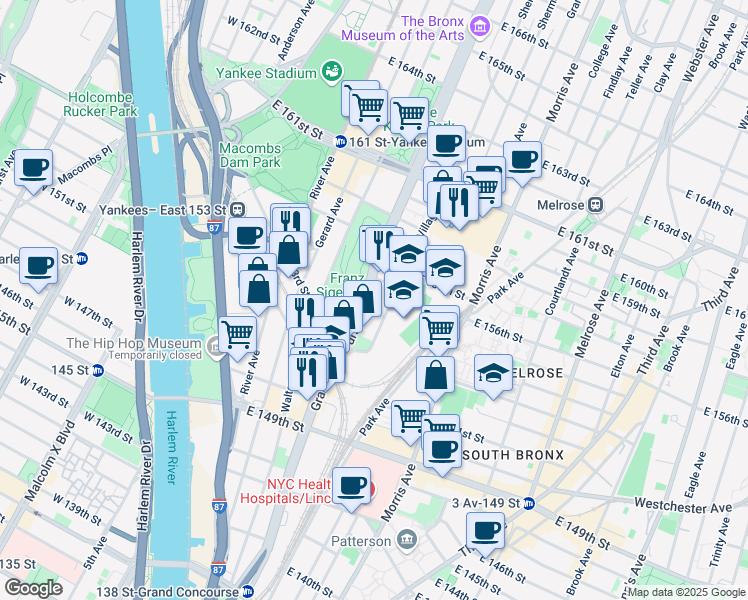 map of restaurants, bars, coffee shops, grocery stores, and more near 740 Grand Concourse in Bronx
