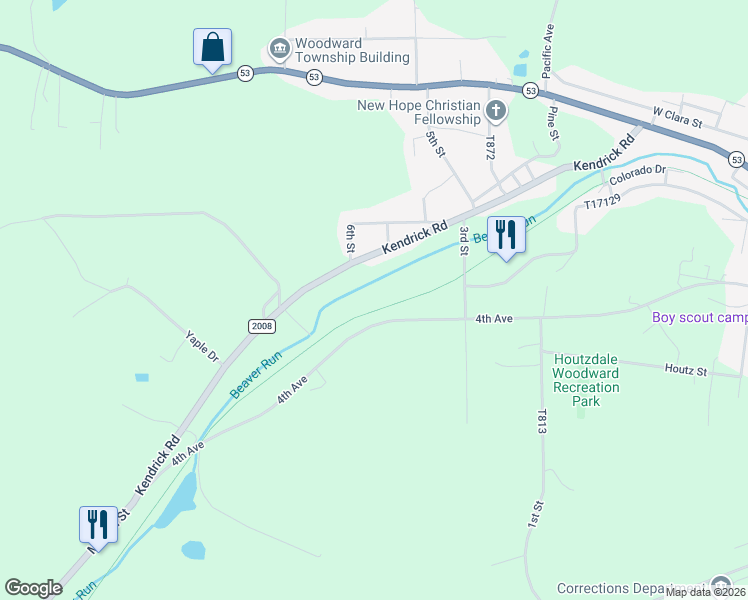 map of restaurants, bars, coffee shops, grocery stores, and more near in Houtzdale