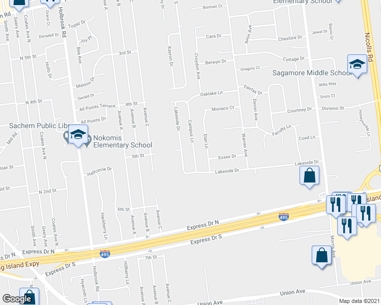 map of restaurants, bars, coffee shops, grocery stores, and more near 24 Campus Lane in Ronkonkoma