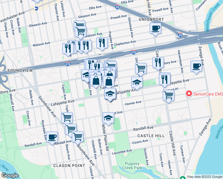 map of restaurants, bars, coffee shops, grocery stores, and more near 1965 Lafayette Avenue in The Bronx