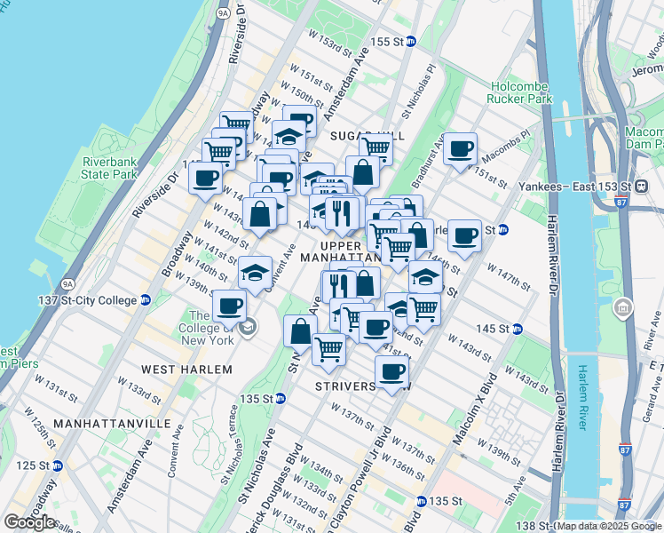 map of restaurants, bars, coffee shops, grocery stores, and more near 655 Saint Nicholas Avenue in New York City