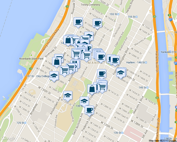 map of restaurants, bars, coffee shops, grocery stores, and more near 18 Hamilton Terrace in New York