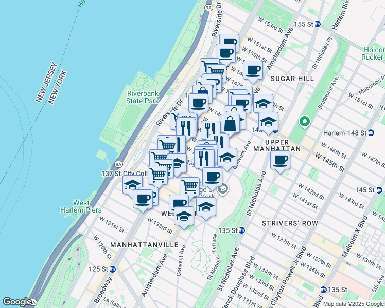map of restaurants, bars, coffee shops, grocery stores, and more near 61 Hamilton Place in New York