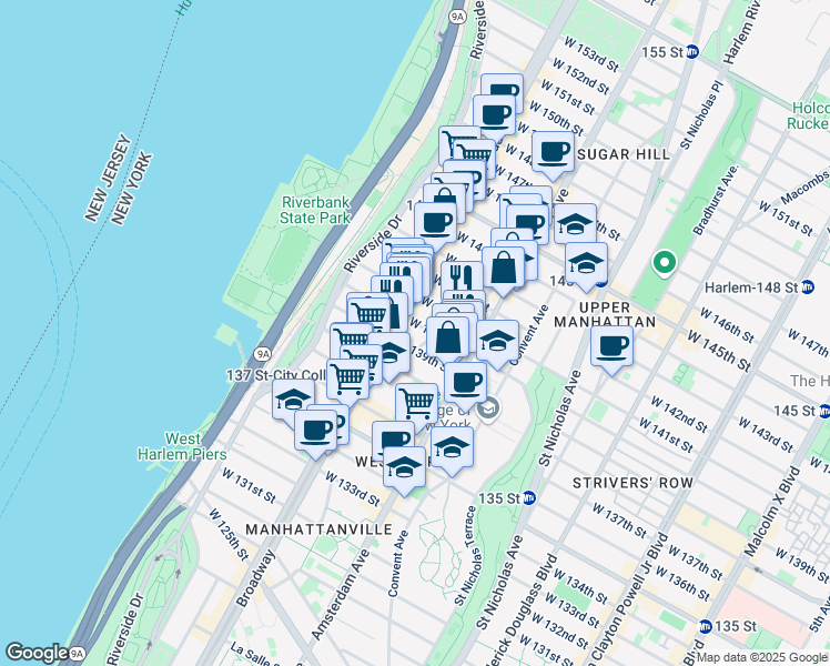 map of restaurants, bars, coffee shops, grocery stores, and more near 61 Hamilton Place in New York