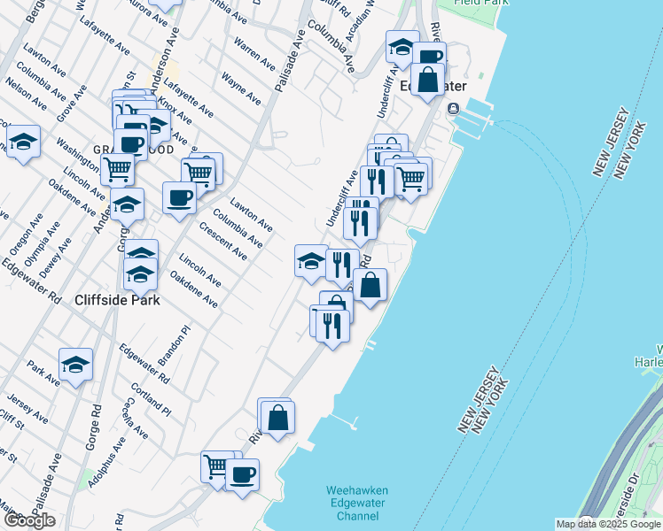 map of restaurants, bars, coffee shops, grocery stores, and more near 15 Winterburn Place in Edgewater
