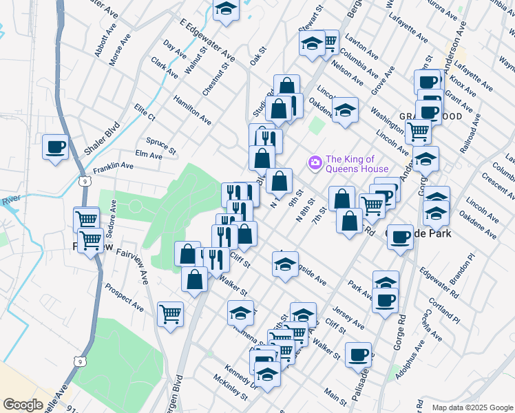 map of restaurants, bars, coffee shops, grocery stores, and more near 503 Park Avenue in Fairview