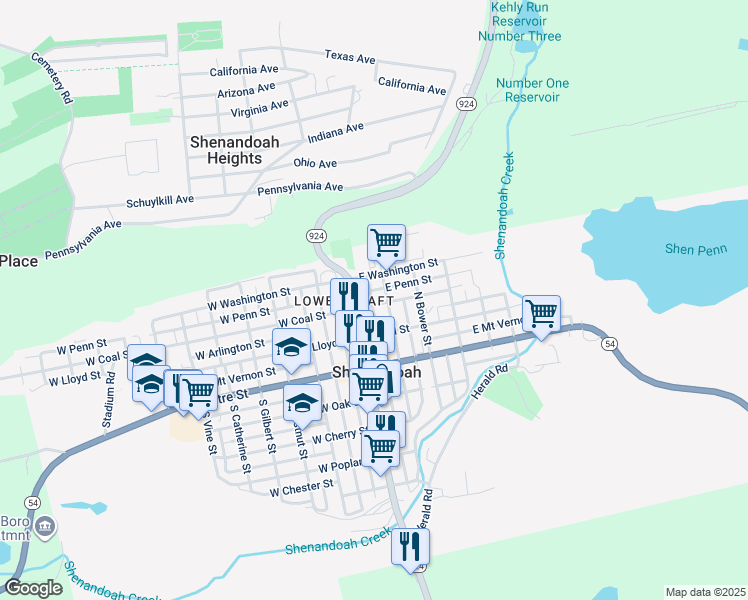 map of restaurants, bars, coffee shops, grocery stores, and more near 29 East Coal Street in Shenandoah