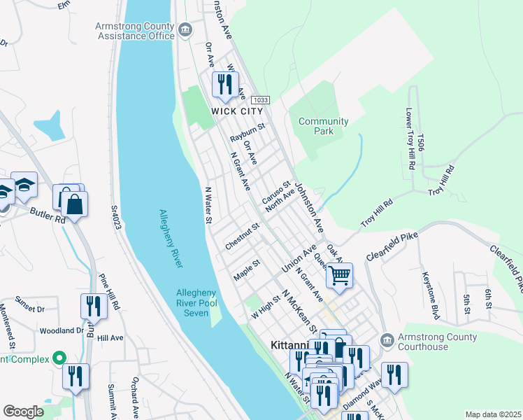 map of restaurants, bars, coffee shops, grocery stores, and more near 406 North Avenue in Kittanning