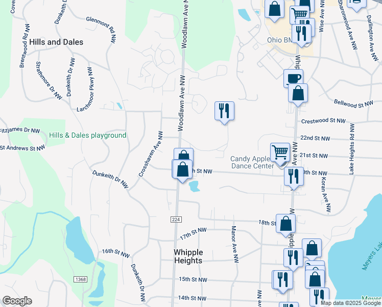 map of restaurants, bars, coffee shops, grocery stores, and more near 4734 Castlebar Street Northwest in Canton