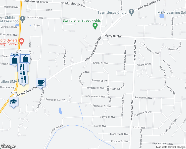 map of restaurants, bars, coffee shops, grocery stores, and more near 2840 Kipling Avenue Northwest in Massillon