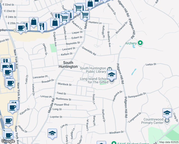 map of restaurants, bars, coffee shops, grocery stores, and more near 9 Congress Drive in Huntington Station
