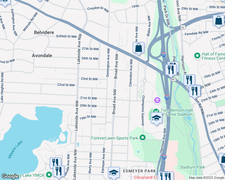 map of restaurants, bars, coffee shops, grocery stores, and more near 2130 Broad Avenue Northwest in Canton