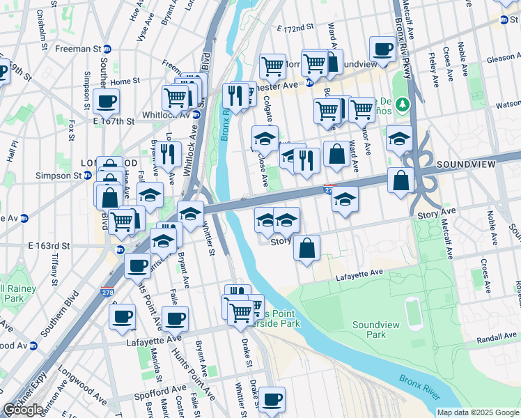 map of restaurants, bars, coffee shops, grocery stores, and more near 980 Bronx River Avenue in Bronx