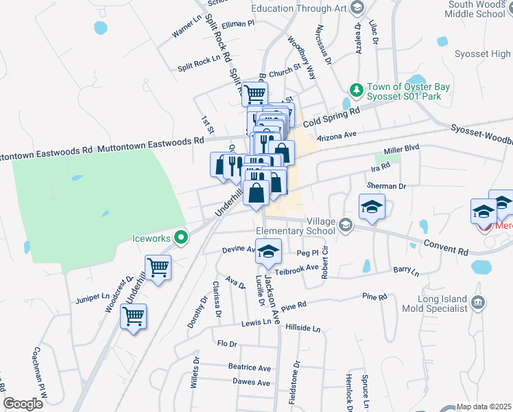 map of restaurants, bars, coffee shops, grocery stores, and more near 14 Willis Avenue in Syosset