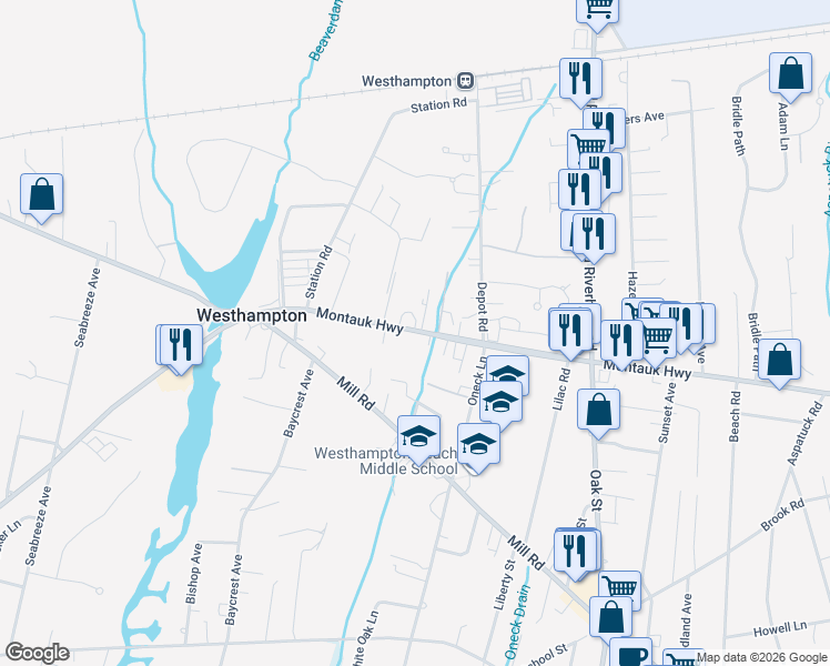map of restaurants, bars, coffee shops, grocery stores, and more near 13 Montauk Highway in Westhampton