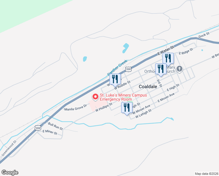 map of restaurants, bars, coffee shops, grocery stores, and more near 216 West Ruddle Street in Coaldale