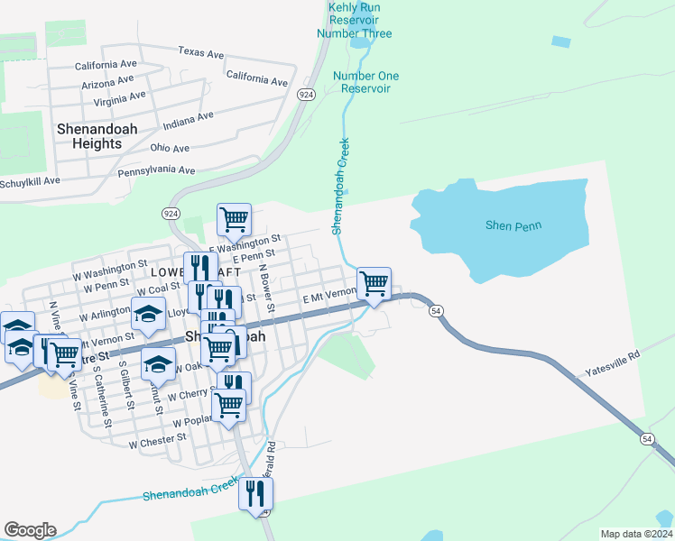 map of restaurants, bars, coffee shops, grocery stores, and more near 428 East Arlington Street in Shenandoah
