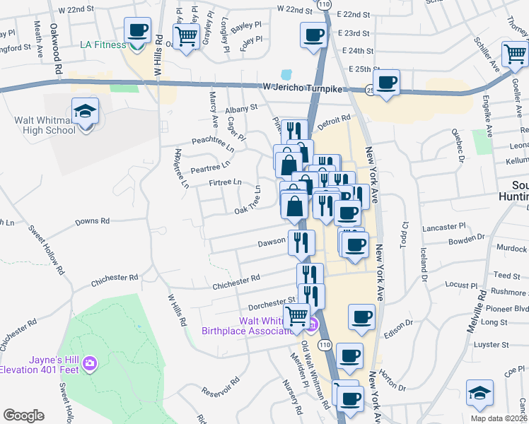 map of restaurants, bars, coffee shops, grocery stores, and more near 24 Sprucetree Ln in Huntington Station