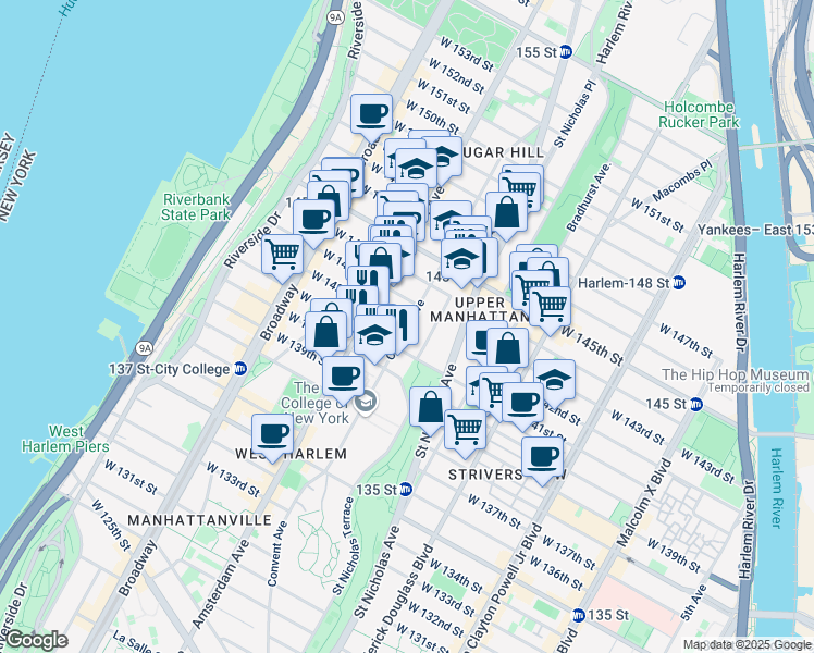 map of restaurants, bars, coffee shops, grocery stores, and more near Convent Ave & W 142nd St in New York