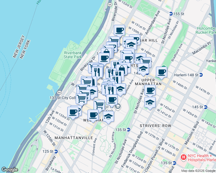 map of restaurants, bars, coffee shops, grocery stores, and more near in New York