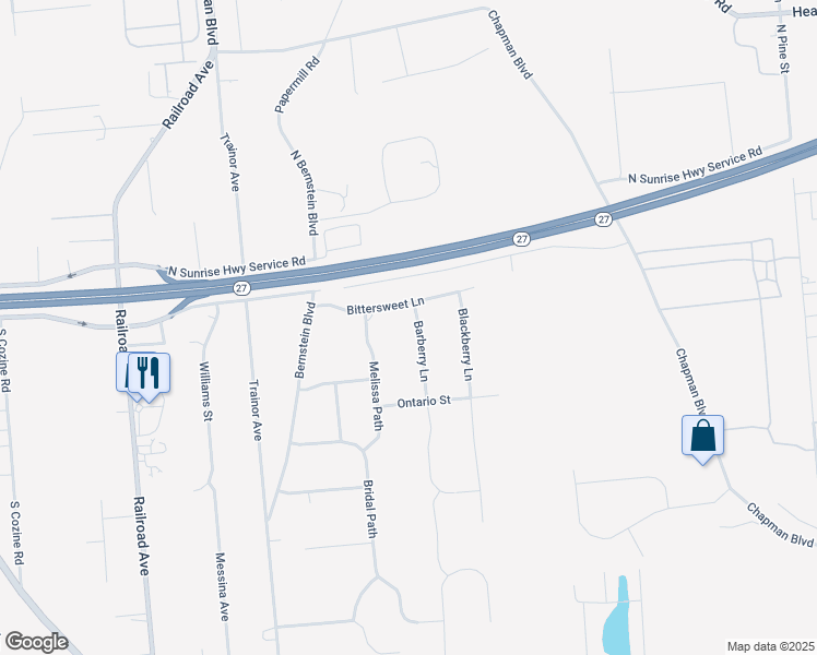 map of restaurants, bars, coffee shops, grocery stores, and more near 4 Barberry Lane in Center Moriches