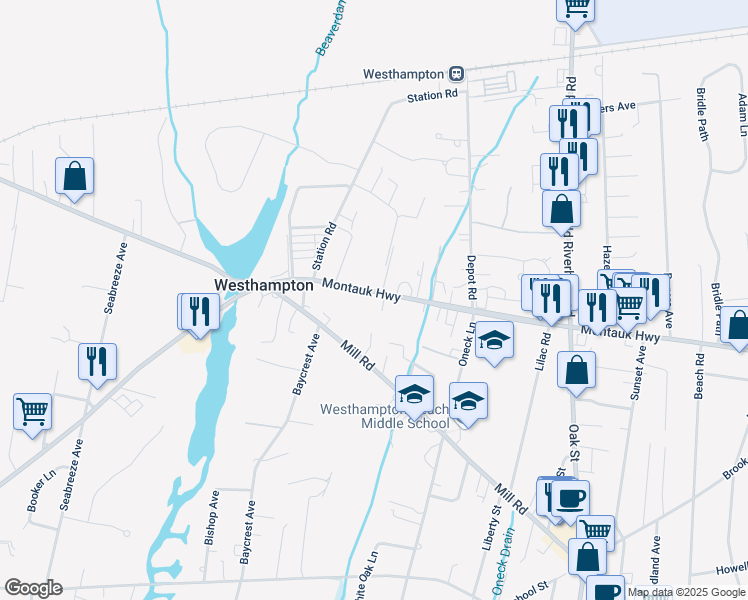 map of restaurants, bars, coffee shops, grocery stores, and more near 21 Montauk Highway in Westhampton