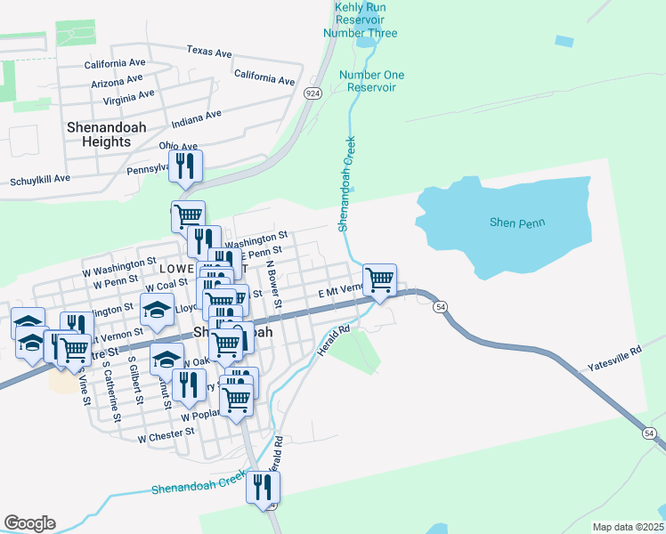 map of restaurants, bars, coffee shops, grocery stores, and more near 412 East Arlington Street in Shenandoah