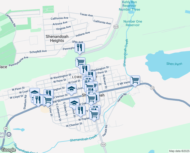 map of restaurants, bars, coffee shops, grocery stores, and more near 39 East Coal Street in Shenandoah