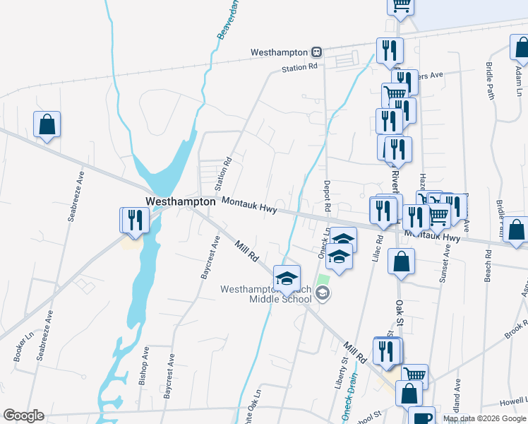 map of restaurants, bars, coffee shops, grocery stores, and more near 21 Montauk Highway in Westhampton