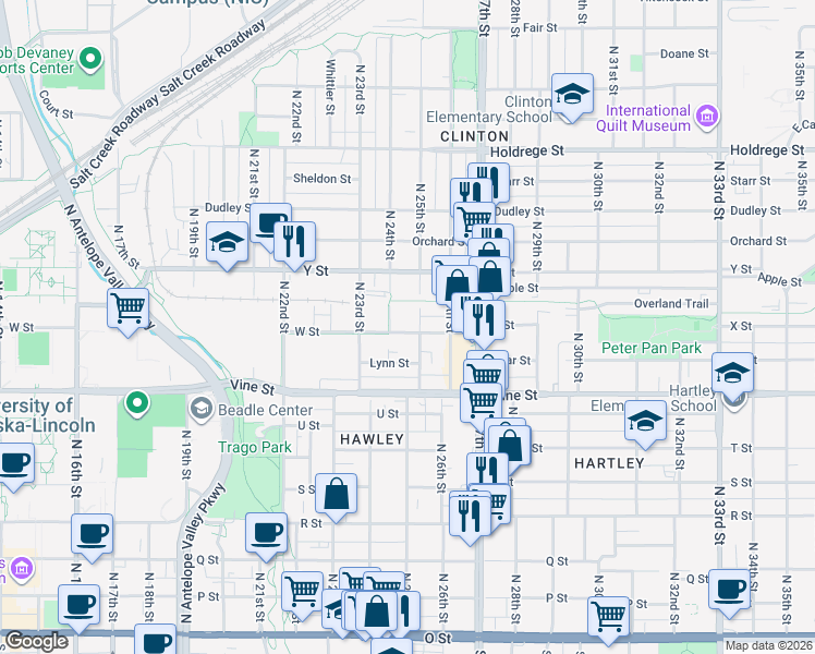map of restaurants, bars, coffee shops, grocery stores, and more near 2335 W Street in Lincoln