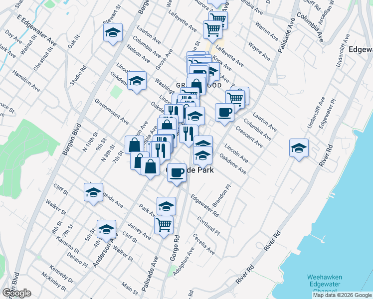 map of restaurants, bars, coffee shops, grocery stores, and more near 500 Gorge Road in Cliffside Park