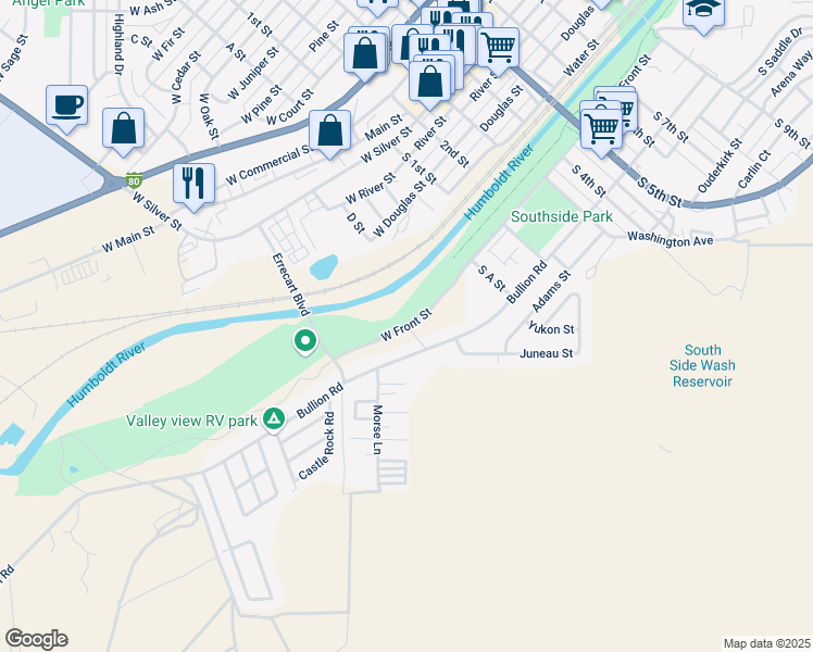 map of restaurants, bars, coffee shops, grocery stores, and more near West Front Street in Elko