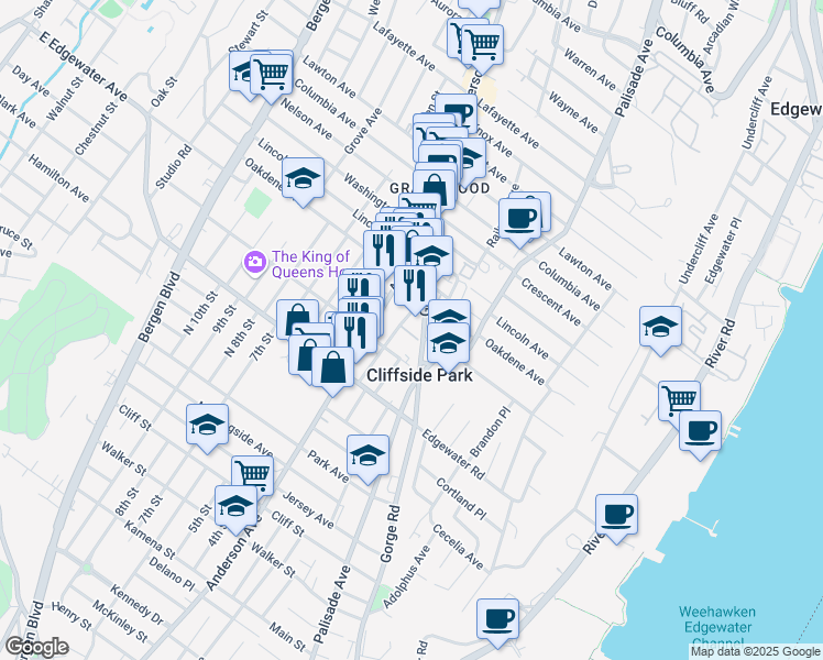 map of restaurants, bars, coffee shops, grocery stores, and more near 500 Gorge Road in Cliffside Park