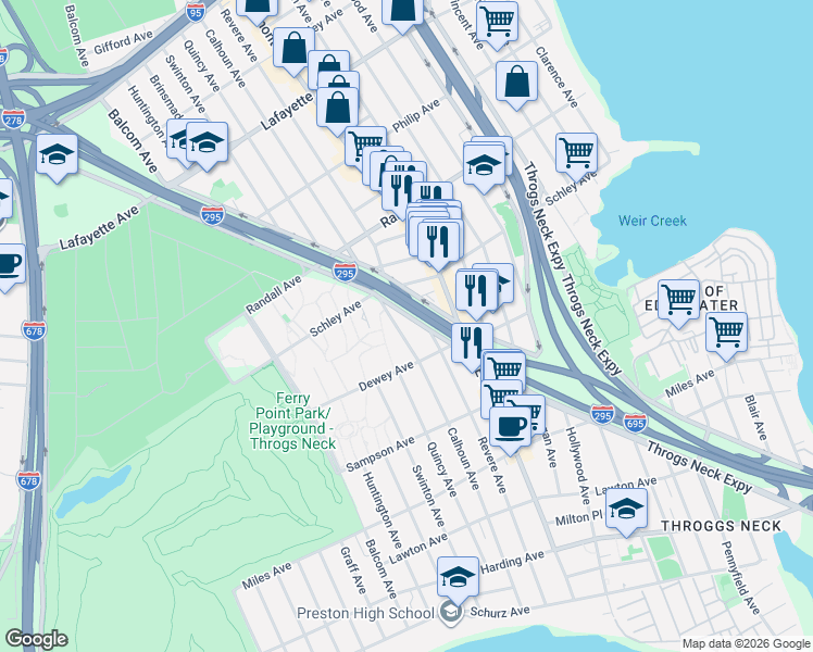map of restaurants, bars, coffee shops, grocery stores, and more near 521 Revere Avenue in Bronx