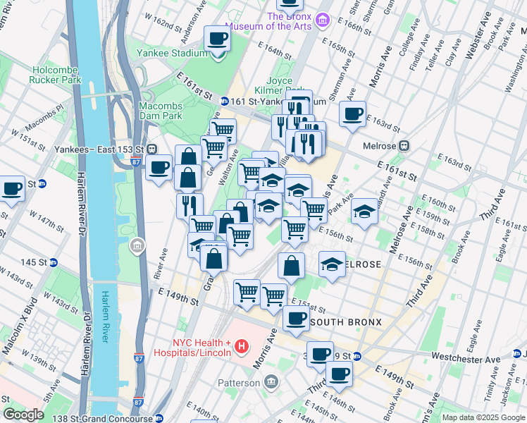 map of restaurants, bars, coffee shops, grocery stores, and more near 730 Concourse Village West in Bronx