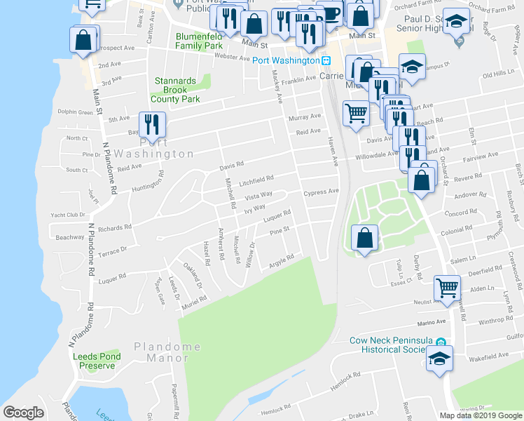 map of restaurants, bars, coffee shops, grocery stores, and more near 144 Luquer Road in Port Washington