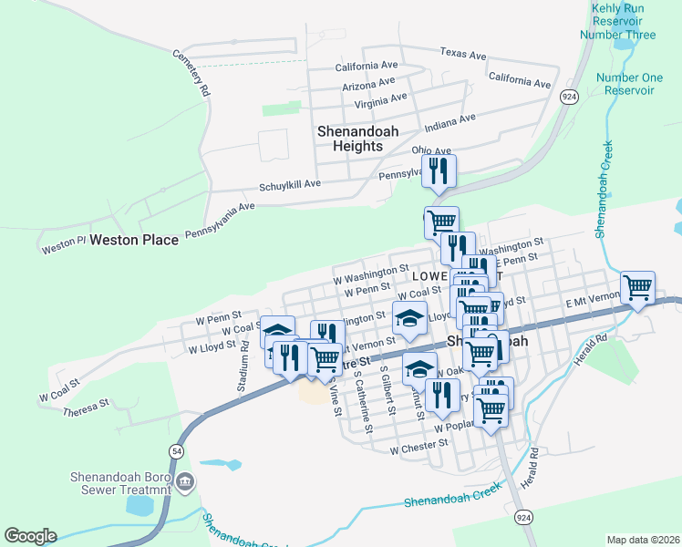 map of restaurants, bars, coffee shops, grocery stores, and more near 433 West Washington Street in Shenandoah