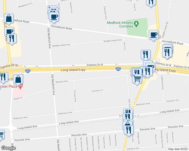 map of restaurants, bars, coffee shops, grocery stores, and more near 223 Waverly Avenue in Medford