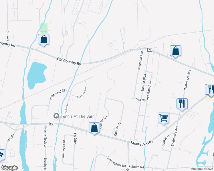 map of restaurants, bars, coffee shops, grocery stores, and more near 25 North Quarter Road in Westhampton