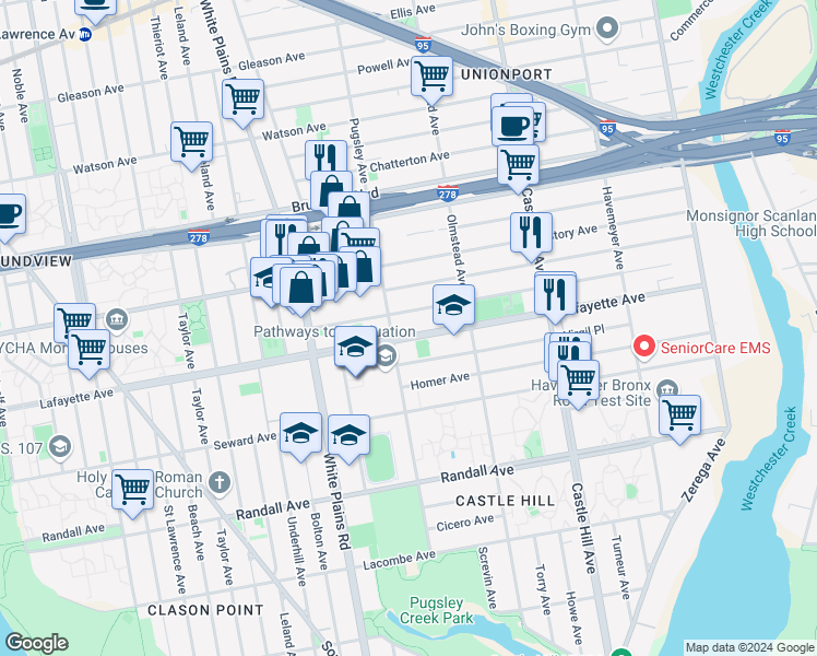 map of restaurants, bars, coffee shops, grocery stores, and more near 2055 Virgil Place in Bronx