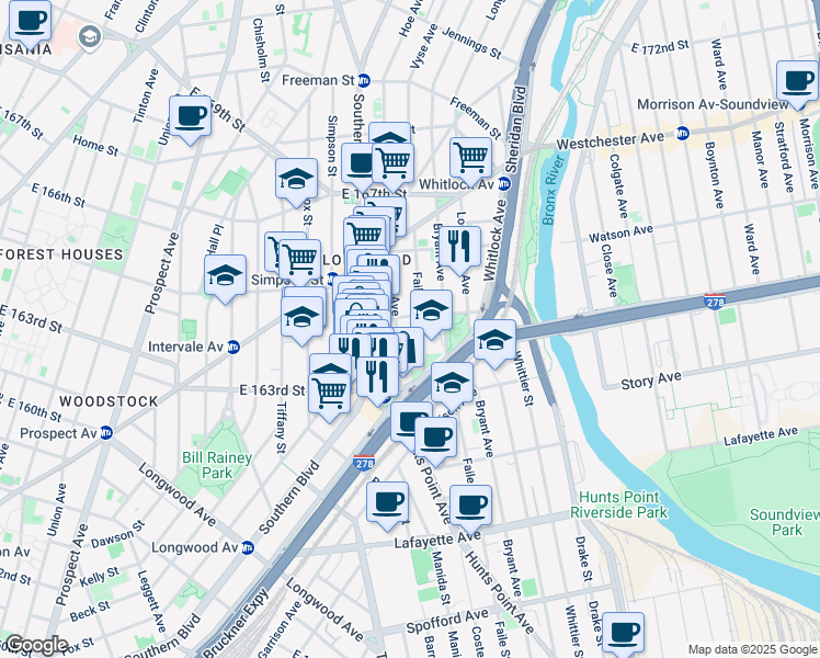 map of restaurants, bars, coffee shops, grocery stores, and more near 954 Hoe Avenue in Bronx
