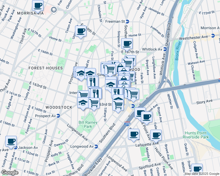 map of restaurants, bars, coffee shops, grocery stores, and more near in The Bronx