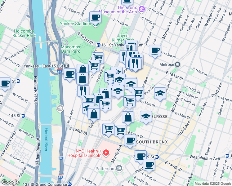 map of restaurants, bars, coffee shops, grocery stores, and more near 750 Concourse Village West in Bronx