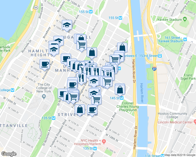 map of restaurants, bars, coffee shops, grocery stores, and more near 241 West 145th Street in New York