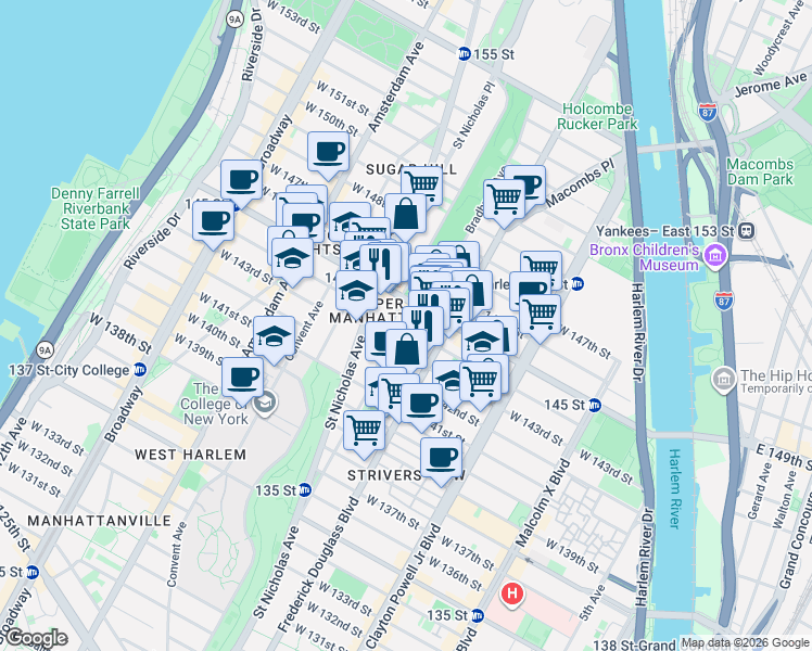 map of restaurants, bars, coffee shops, grocery stores, and more near 27 Bradhurst Avenue in New York